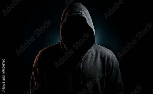 Shadowed Cyberspace: Hacker Silhouette in the Dark Abyss photo
