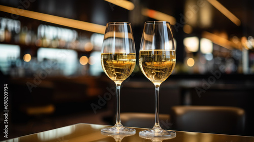 Two glasses of white sparkling wine on restaurant table