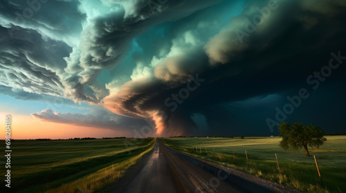 Huge supercell, tornado over farmland