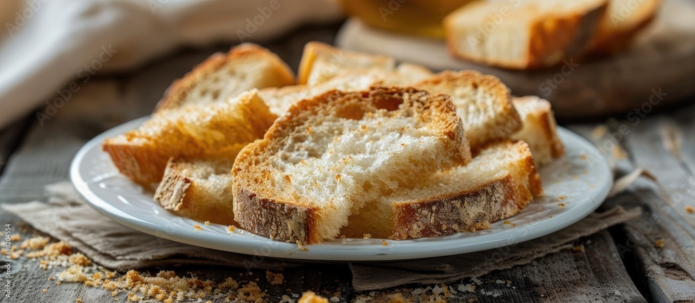 White plate with stale bread for making crumbs. White plate with stale bread for making crumbs.
