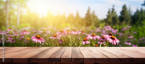 Empty rustic old wooden boards table copy space with Echinacea or coneflower plants in background. Product display template. Generative AI © Lubo Ivanko