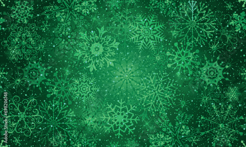 Vector seamless hand drawn winter pattern with vintage snowflakes and stars in retro style on a green gradient background