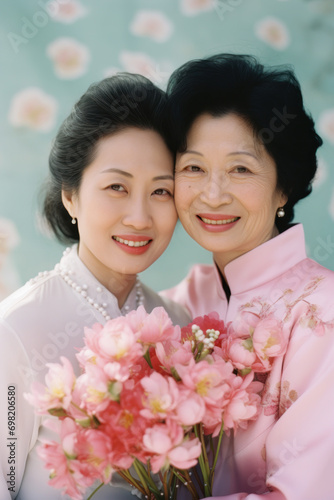 asian/korean/chinese mother and daughter/child in loving embrace smiling joy motherhood mothers day in editorial magazine portra film look