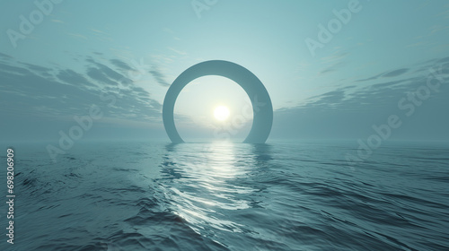 Monolithic Arch Rising from Misty Ocean at Dawn. Ethereal Dawn Through Monumental Oceanic Arch