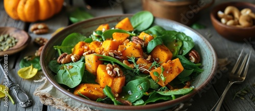 Spinach and nut pumpkin salad made at home.