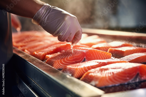 Close-up of a worker's hands sorting salmon fillets on a conveyor belt at a fish processing plant. Large pieces of fresh salmon. photo