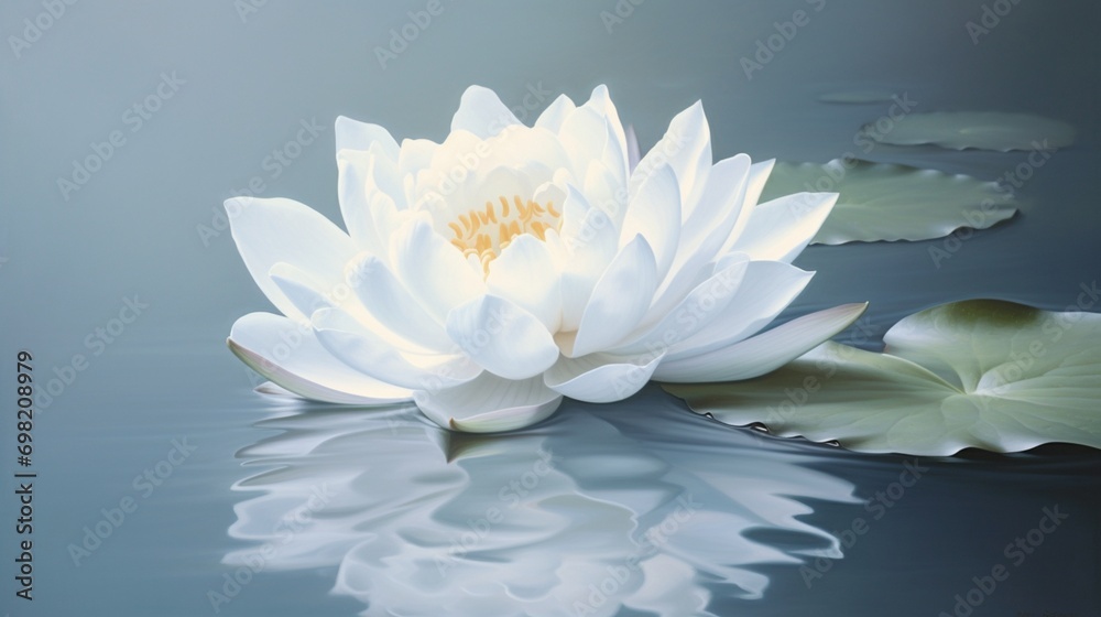 A single white lotus flower floating gracefully on a calm, reflective surface.
