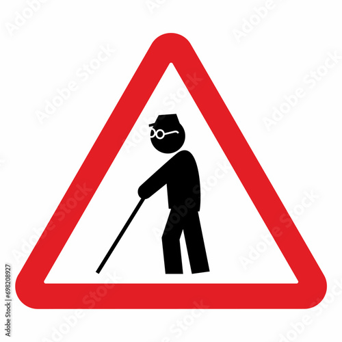 Warning sign, increased incidence of blind people, crosswalk, red triangle shape, vector illustration