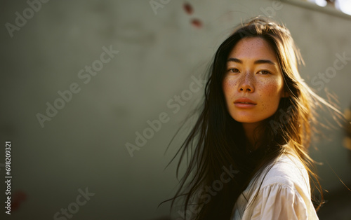 portrait headshot of a young asian/korean/japanese woman with long dark hair clean natural skin for commercial skincare beauty with natural light background portra magazine editorial film look