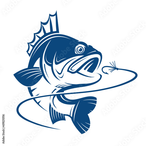 fishing emblem with perch and hook isolated on white background