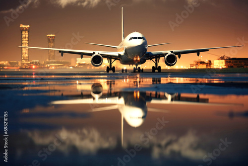 An airplane with passengers takes off from a modern airport in the evening at sunset.
