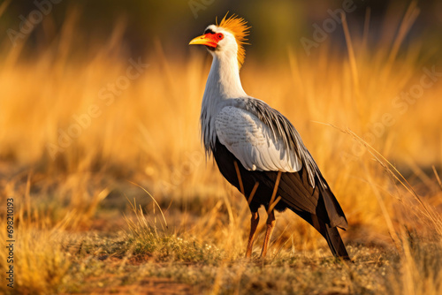 A majestic Secretarybird standing tall on the vast African savannah