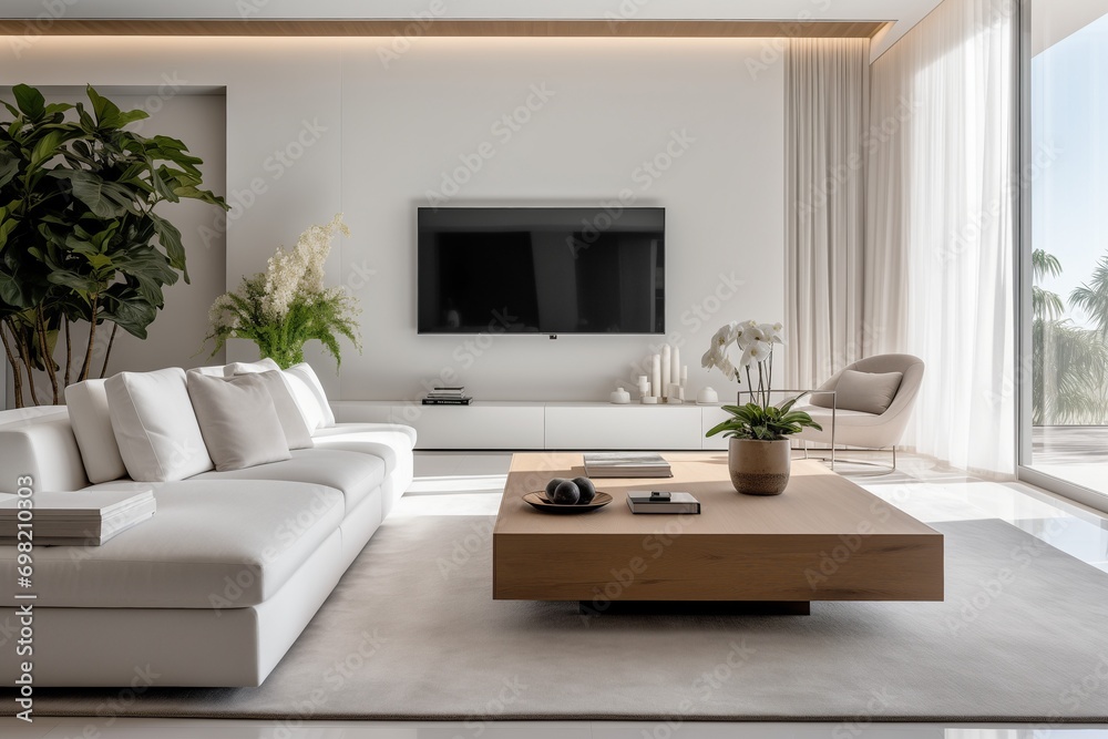 Fototapeta premium A living room with a couch, coffee table and television