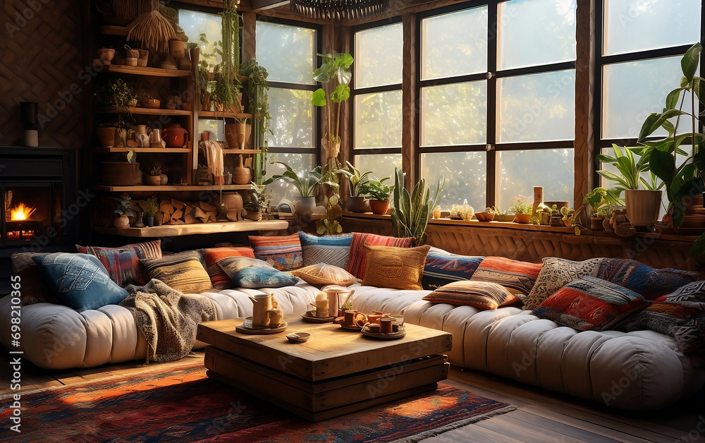 Boho style living room with big soft sofa, pillows, flowers, wooden panoramic window, natural light Boho style living room with big soft sofa, pillows, flowers, wooden panoramic window, natural light