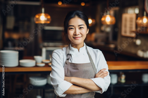 portrait of a smiling beautiful chef in a restaurant