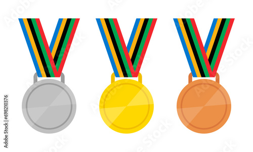 Gold, silver and bronze medals with ribbon set in flat style.