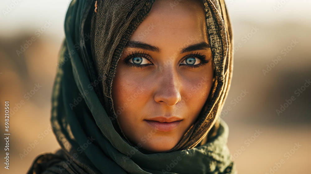 Imagine portrait of a High fashion beautiful middle east woman in the dessert