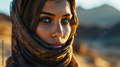 Imagine portrait of a High fashion beautiful middle east woman in the dessert photo