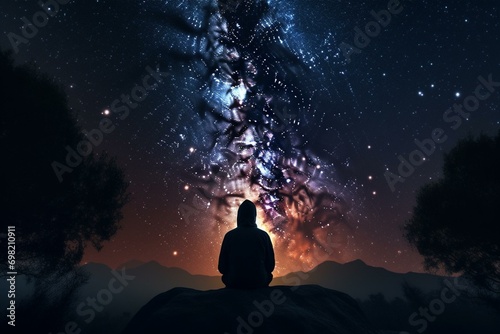 Person meditates while a glowing galaxy symbolizes vastness of their inner universe. Generative AI