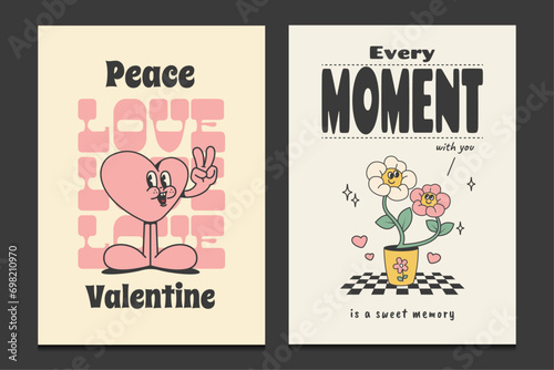 Happy Valentine's Day Cards with retro cartoon style, groovy 70s posters, vector illustration