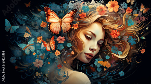 Artistic Illustration of Blooming Flowers and Butterflies, Women's Day, Cards