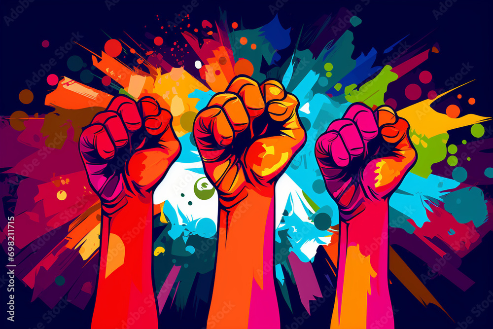 Abstract Vector Artwork of United Fists Holding Symbols of Empowerment, Vector, Feminism