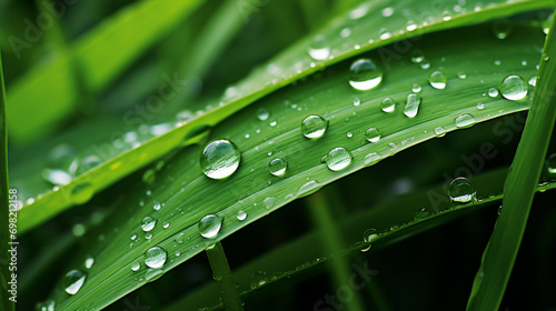 Macro Shot of Fresh Green Grass Blades with Dewdrops, Green Background