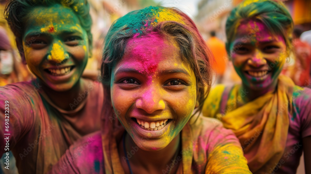 Close-Up of Happy Faces Covered in Holi Gulal (Colored Powder), Holi Festival Close-Up of Happy Faces Covered in Holi Gulal (Colored Powder), Holi Festival