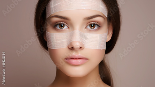 face of a young woman in bandages after plastic surgery, portrait of a beautiful girl, model, medicine, treatment, wound, recovery, skin, health, hospital, illness, studio, photo, black background photo