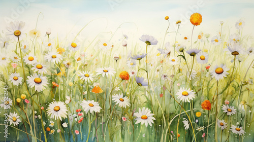 Whimsical Sketch of a Daisies Meadow, Conveying a Playful and Joyful Atmosphere of Spring, Spring