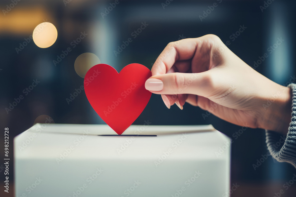 Female hand put red paper heart into slot of white donation box. Charity, donation, election, fundraising, help, love, gratitude concept - obrazy, fototapety, plakaty 