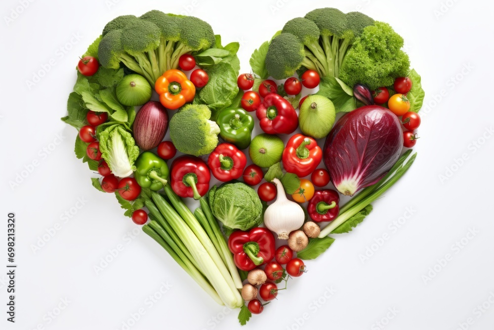 Various vegetables arranged in shape of heart isolated on white background, vegan concept, healthy eating and lifestyle. Various vegetables arranged in shape of heart isolated on white background, vegan concept, healthy eating and lifestyle.