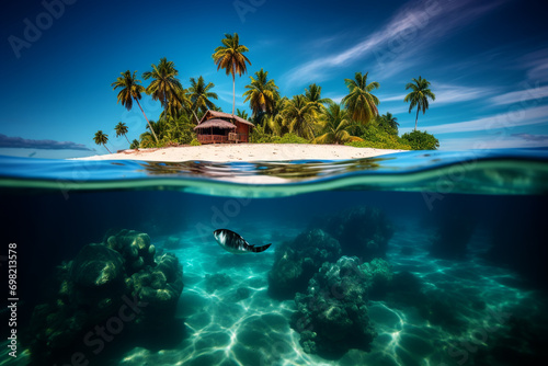 tropical island in the clear water sea with cute swimming turtle 