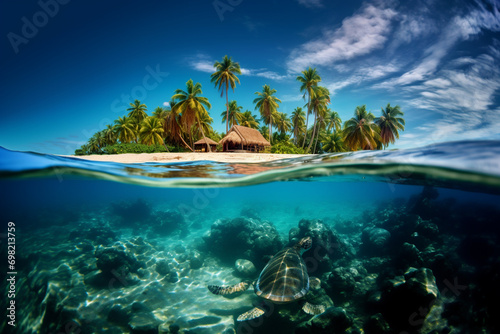 tropical island in the clear water sea with cute swimming turtle  © RJ.RJ. Wave