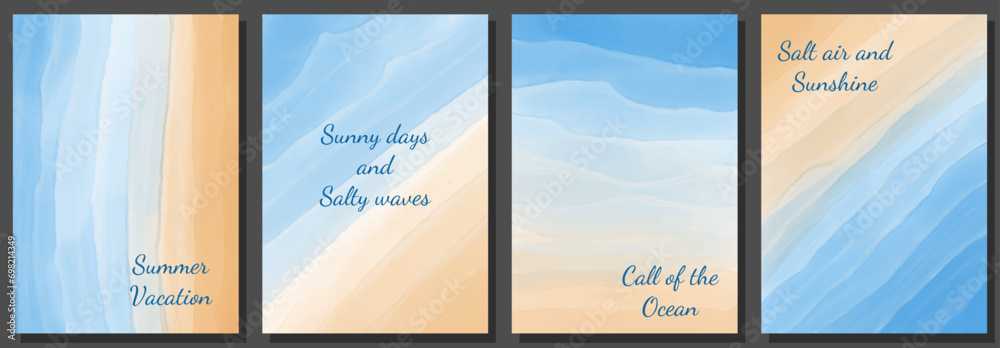 Set of seashore watercolor backgrounds. Vector template for banners, posters, brochures.