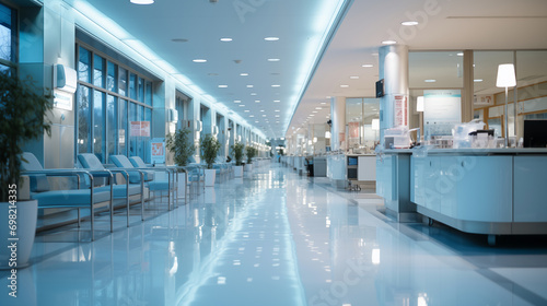 Empty modern hospital corridor, clinic hallway interior background with chairs for patients waiting for doctor visit. Contemporary waiting room in medical office. Healthcare services concept photo