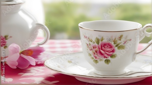 Cup of tea with pink flowers on a table in the garden