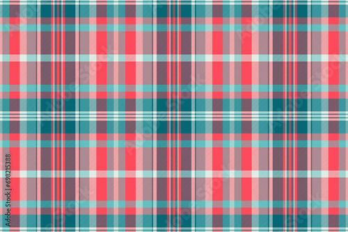 Softness background pattern seamless, mexico textile plaid texture. Ireland check vector tartan fabric in red and cyan colors.