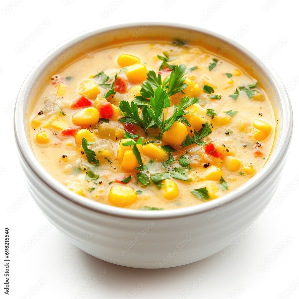 Corn Chowder, a delicious Soup dish , isolated in white background