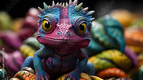Chameleon lizard colorful photo close up. Funny cute animal