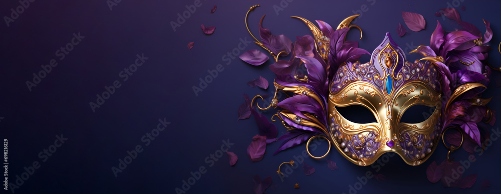 A festive gold carnival mask with feathers against a rich purple background, Mardi Gras