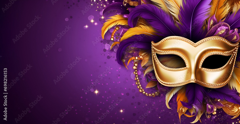 A golden mask adorned with colorful feathers against a majestic purple backdrop