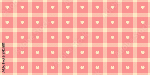 Gingham pattern with hearts. Seamless tartan vichy check plaid for gift card, wrapping paper, invitation on Valentines Day print