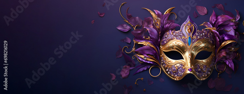 A festive gold carnival mask with feathers against a rich purple background, Mardi Gras © Alina
