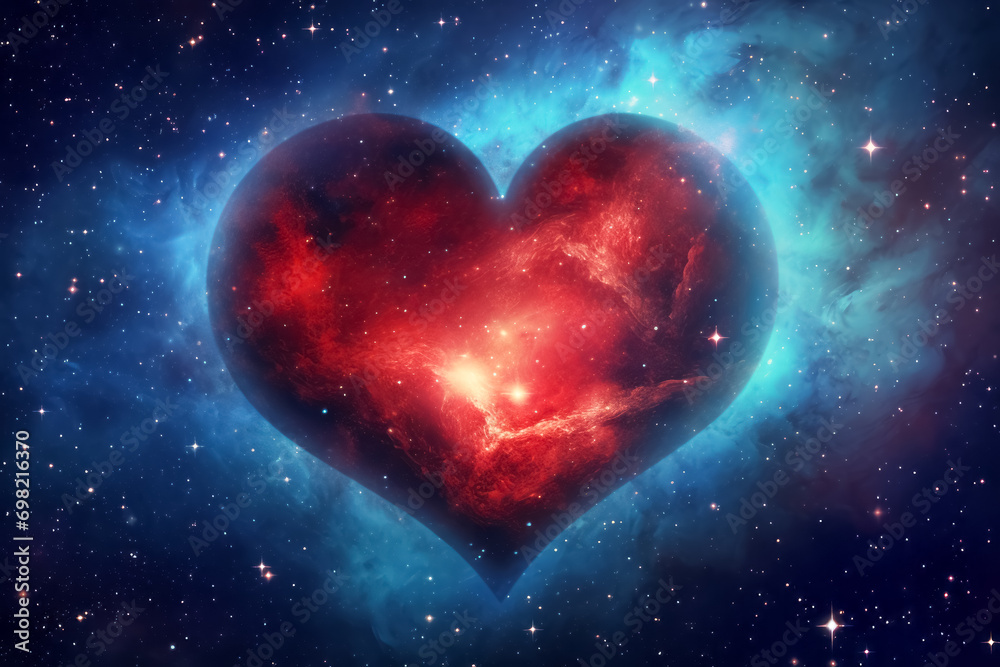 Cosmic Love Heart-Shaped Galaxy in Vibrant Hues, Abstract Celestial Background Depicting Romance Across the Universe. Valentine day