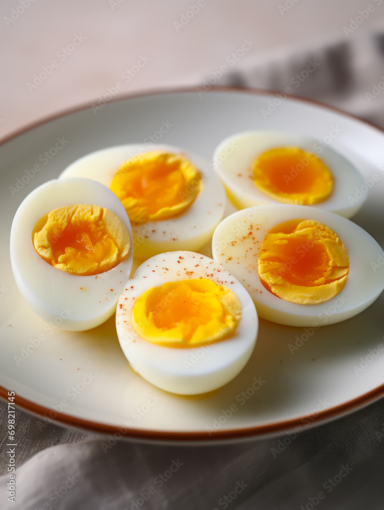 Perfectly Cooked Boiled Eggs on Ceramic Plate, Nutritious Snack, High-Protein Breakfast Idea, Food Photography Perfectly Cooked Boiled Eggs on Ceramic Plate, Nutritious Snack, High-Protein Breakfast Idea, Food Photography