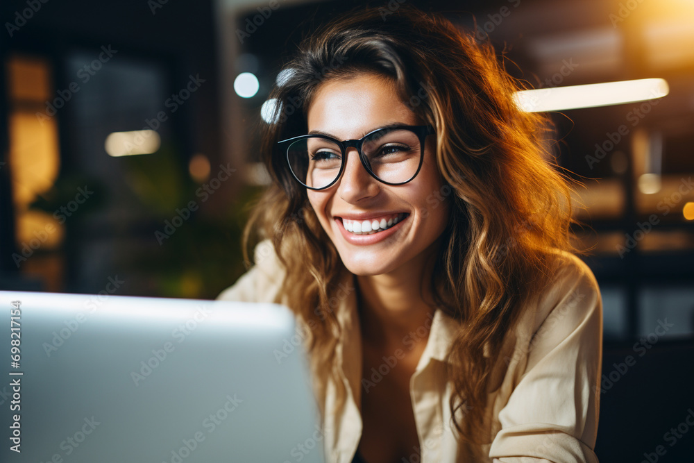 portrait of a smiling woman with laptop