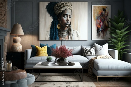 Contemporary living room with grey sectional, bohemian decor, wall art for customization and plenty of space. Chic interior design. Generative AI photo