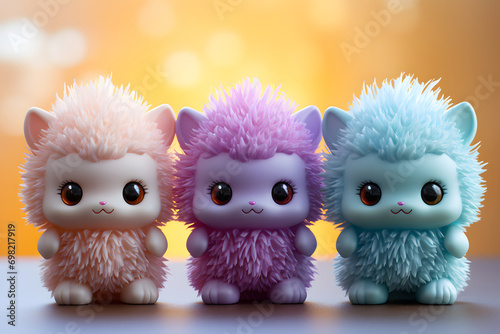 Plush fur monster for little kids. Front view of soft animal toy mascot.