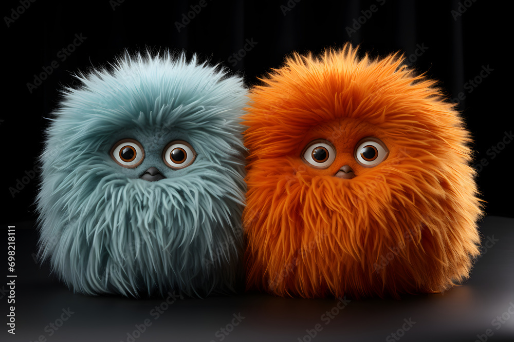 Plush fur monster for little kids. Front view of soft animal toy mascot. Plush fur monster for little kids. Front view of soft animal toy mascot.